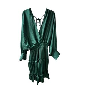 Glam Dark Green Ruffle Mini Casual Dress V-Neck Long Sleeve Elastic Waist Size S